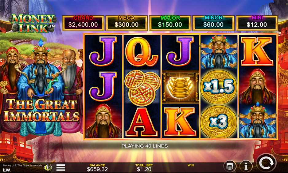 Money Link: The Great Immortals slot game logo with epic graphics