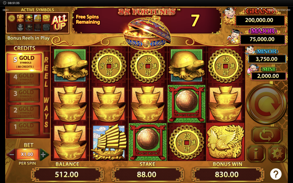 88 Fortunes slot game screen showing free spins feature