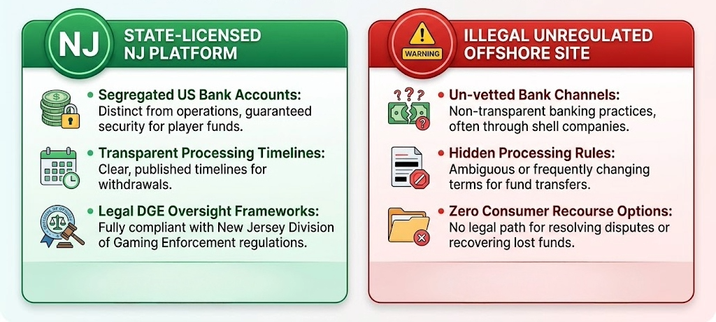 A comparative structural panel layout. The left column features a green badge labeled "State-Licensed NJ Platform" with bullets emphasizing segregated US bank accounts, transparent processing timelines, and legal DGE oversight frameworks. The right column features a red warning badge labeled "Illegal Unregulated Offshore Site" with warning bullets emphasizing un-vetted bank channels, hidden processing rules, and zero consumer recourse options.