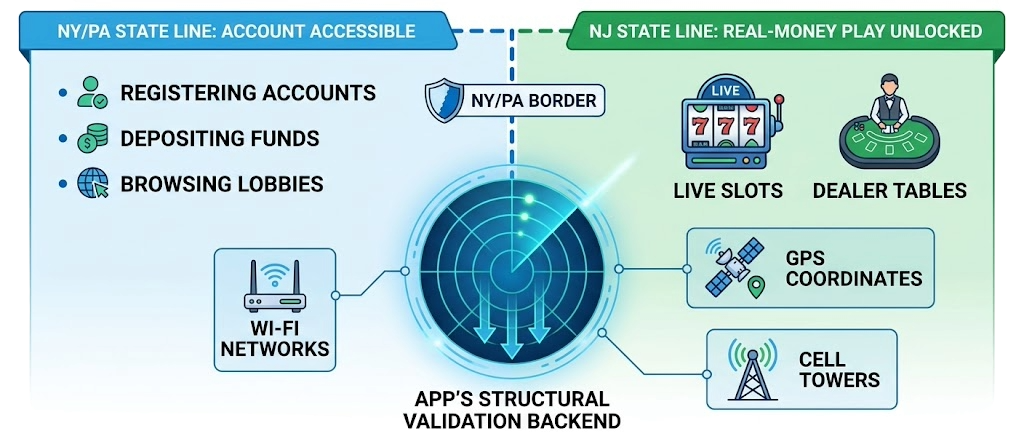 A split-screen diagram showing the NY/PA border line. The left side (NY/PA) is labeled "Account Accessible" with bullet points for registering accounts, depositing funds, and browsing lobbies. The right side (NJ) is labeled "Real-Money Play Unlocked" with icons for live slots and dealer tables. A central radar graphic points downwards indicating the app's structural validation backend: Wi-Fi Networks + GPS Coordinates + Cell Towers.